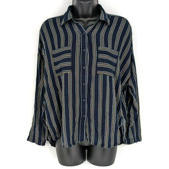 BP Nordstrom Button Front Blouse S Navy Mustard Striped Long Sleeve Patch Pocket - Picture 2 of 14